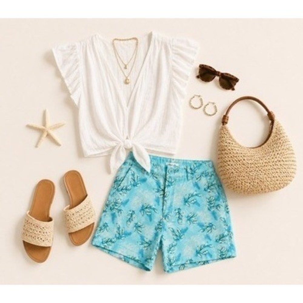 Caribbean Joe Blue Tropical Leaf Print Shorts Women's Size 4 Cotton Stretch